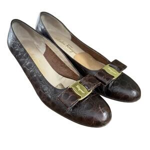 Salvatore Ferragamo Bit Pumps Brown Croc Print Slip On Shoes Heels Size 8.5 Vtg